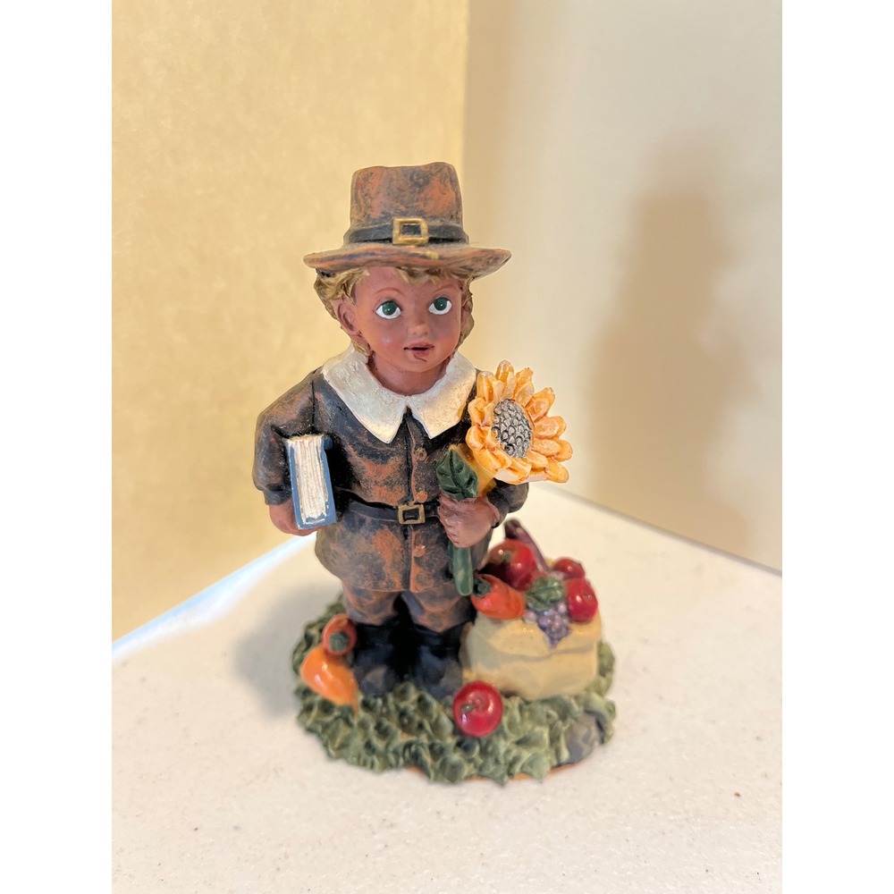 Vintage Pilgrim Boy Figurine Thanksgiving Harvest Decor Sunflower Book 5 Inch